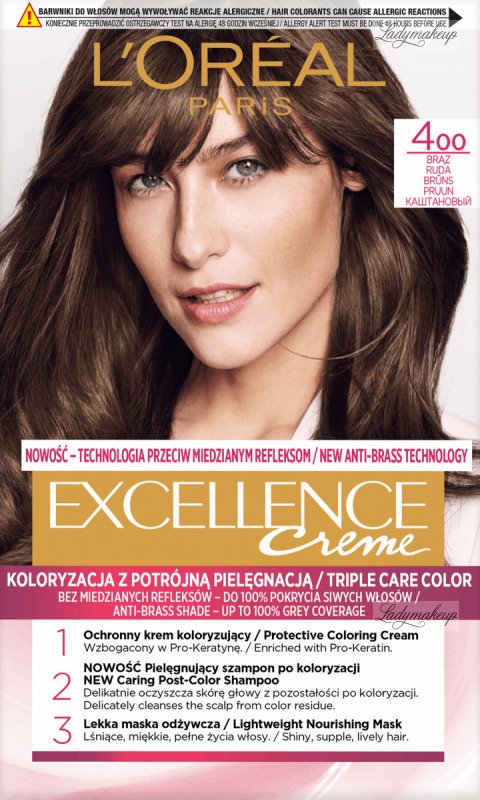 Loreal Excellence Creme 400 in Dark Brown permanent hair color  (Made In France)