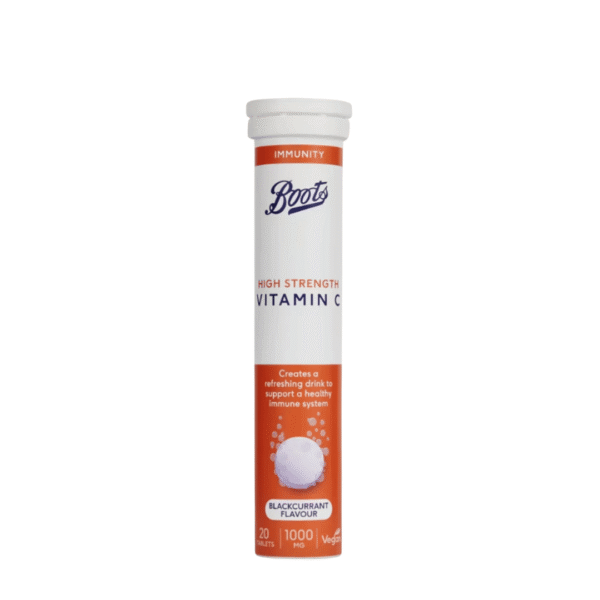 Boots High Strength Blackcurrant Flavour Effervescent Vitamin C 1000 mg 20 Tablets (Made In UK)